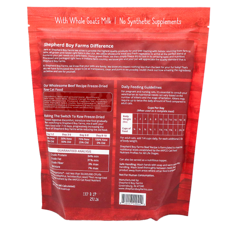 Back of a red Shepherd Boy Farms | Beef Recipe for Cats - 14oz package with text about product features, ingredients, daily feeding guidelines, a nutrition analysis chart, and company contact information.