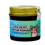 A small 7g jar of Dr. Judy's Elk Velvet Antler Powder for Cats, featuring a green lid and an illustrated cat on the label. This dietary supplement is formulated to provide natural joint support for cats and contains IGF-1 to promote overall feline health and mobility.