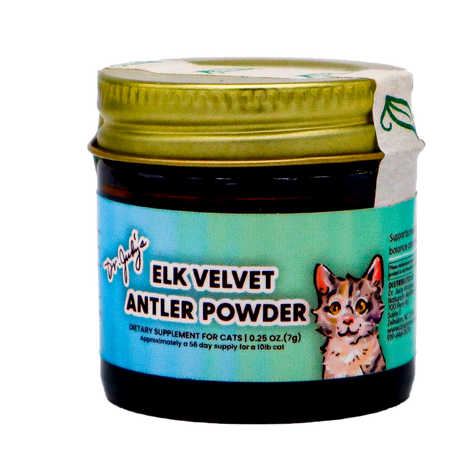A small 7g jar of Dr. Judy's Elk Velvet Antler Powder for Cats, featuring a green lid and an illustrated cat on the label. This dietary supplement is formulated to provide natural joint support for cats and contains IGF-1 to promote overall feline health and mobility.