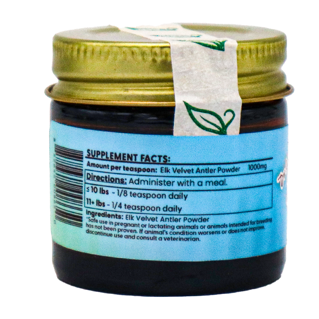 A small jar labeled "Dr. Judy's Elk Velvet Antler Powder for Cats - 7g" features a gold lid and a blue label displaying supplement facts, directions for use, and ingredients for this all-natural source of IGF-1, designed to help support your cat’s joints.