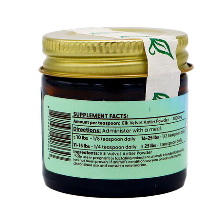 Dr. Judy's Elk Velvet Antler Powder for Small Dogs – 7g comes in a small brown jar with a gold lid and features a label listing supplement facts, directions, and ingredients to help you determine the right dosage by pet weight—perfect for providing natural joint support for dogs.