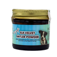 Dr. Judy's Elk Velvet Antler Powder for Small Dogs – 7g comes in a jar with a gold lid and features a photo of a black and white dog on a blue background; it is formulated to support joint health and contains natural IGF-1 to help maintain your pet’s mobility.