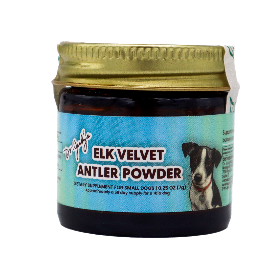 Dr. Judy's Elk Velvet Antler Powder for Small Dogs – 7g comes in a jar with a gold lid and features a photo of a black and white dog on a blue background; it is formulated to support joint health and contains natural IGF-1 to help maintain your pet’s mobility.