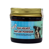 Dr. Judy's Elk Velvet Antler Powder for Small Dogs – 7g comes in a jar with a gold lid and features a photo of a black and white dog on a blue background; it is formulated to support joint health and contains natural IGF-1 to help maintain your pet’s mobility.