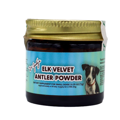 Dr. Judy's Elk Velvet Antler Powder for Small Dogs – 7g comes in a jar with a gold lid and features a photo of a black and white dog on a blue background; it is formulated to support joint health and contains natural IGF-1 to help maintain your pet’s mobility.