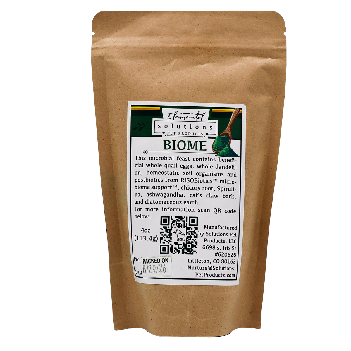 A 4oz stand-up pouch of Solutions Pet Products | Biome - 4oz gut microbiome supplement. The label shows a logo, wooden spoon with green powder, ingredients, QR code, and Packed On 8/29/26 stamp.