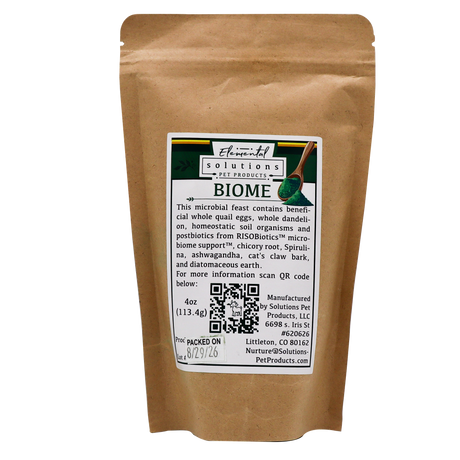 A 4oz stand-up pouch of Solutions Pet Products | Biome - 4oz gut microbiome supplement. The label shows a logo, wooden spoon with green powder, ingredients, QR code, and Packed On 8/29/26 stamp.