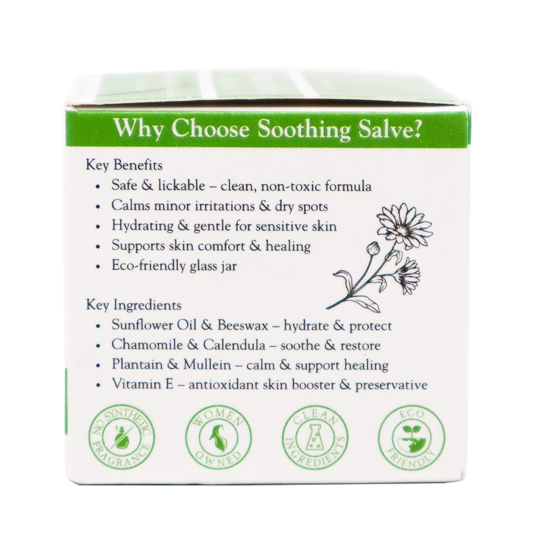 A product box for The Animal Bar | Soothing Salve for Dogs & Cats - 2oz lists benefits such as hydration and features ingredients like sunflower oil, chamomile, plantain, mullein, and vitamin E in an eco-friendly glass jar. The box is decorated with green eco symbols.