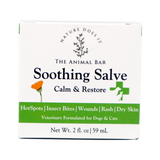 A 2oz box of The Animal Bar | Soothing Salve for Dogs & Cats, formulated to calm and restore. Ideal for use on hotspots, insect bites, wounds, rashes, and dry skin. Net weight: 2 fl. oz. (59 mL).