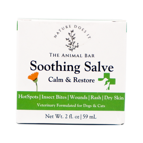 A 2oz box of The Animal Bar | Soothing Salve for Dogs & Cats, formulated to calm and restore. Ideal for use on hotspots, insect bites, wounds, rashes, and dry skin. Net weight: 2 fl. oz. (59 mL).