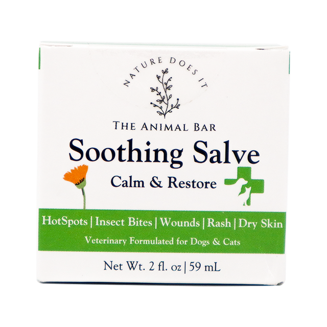 A 2oz box of The Animal Bar | Soothing Salve for Dogs & Cats, formulated to calm and restore. Ideal for use on hotspots, insect bites, wounds, rashes, and dry skin. Net weight: 2 fl. oz. (59 mL).