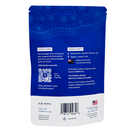 The back of a blue, flat-bottomed pouch for Tvati | Advanced Pet Mobility Formula, showing directions, an ingredients list featuring hibiscus and coconut oil, a QR code, a barcode, and company contact information for pet mobility support.