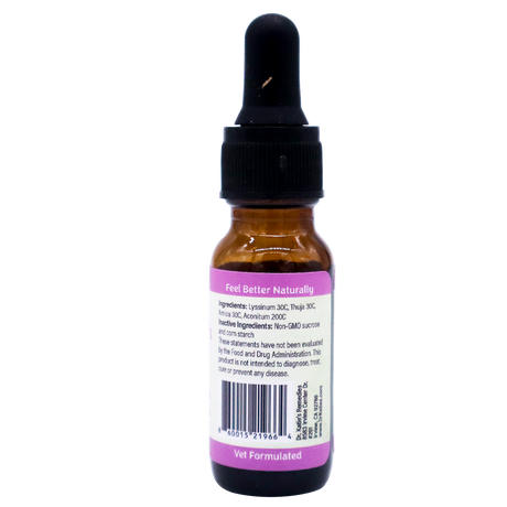 Amber glass dropper bottle of Dr. Katie’s Remedies V-Tox R - Advanced Immune Challenge Support, featuring a purple label with ingredients, a barcode, and an FDA disclaimer.