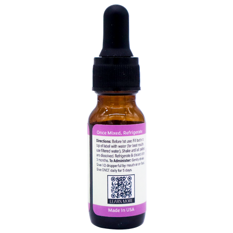 Amber glass dropper bottle of Dr. Katie’s Remedies V-Tox R - Advanced Immune Challenge Support with a purple label featuring usage instructions, a QR code, and Made In USA text.