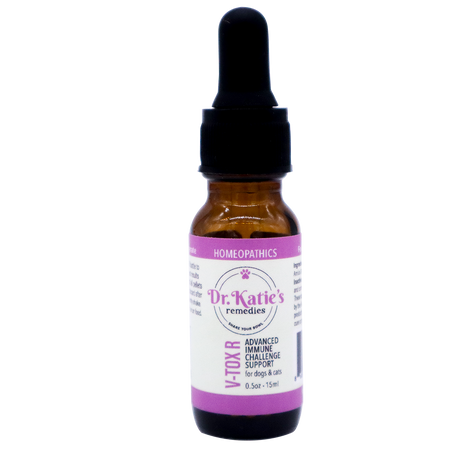 Amber glass dropper bottle of Dr. Katie’s Remedies V-Tox R - Advanced Immune Challenge Support, a homeopathic pet supplement for dogs and cats.