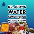 A graphic featuring the text “Dr. Judy's Water Constitution Recipe” showcases an assortment of fresh ingredients—meat, eggs, vegetables, and fruit—artfully arranged on a blue gradient background. This balanced recipe provides a natural way to nourish your dog, and a complimentary PDF download is available for pet owners!.