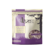 A purple and beige bag of Steve's Real Food | Quest - Raw Freeze Dried Cat Food, chicken recipe. Labeled prey model diet, antibiotic free, with a cat/tree silhouette and window showing freeze-dried nuggets.