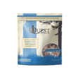A beige and blue bag of Steve's Real Food | Quest - Raw Freeze Dried Cat Food features wild-caught white fish nuggets, a natural formula, cat and tree silhouettes, and a clear window displaying the freeze-dried food.